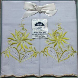 New-Vintage Heritage Embroidered Pillow Cases White/Yellow